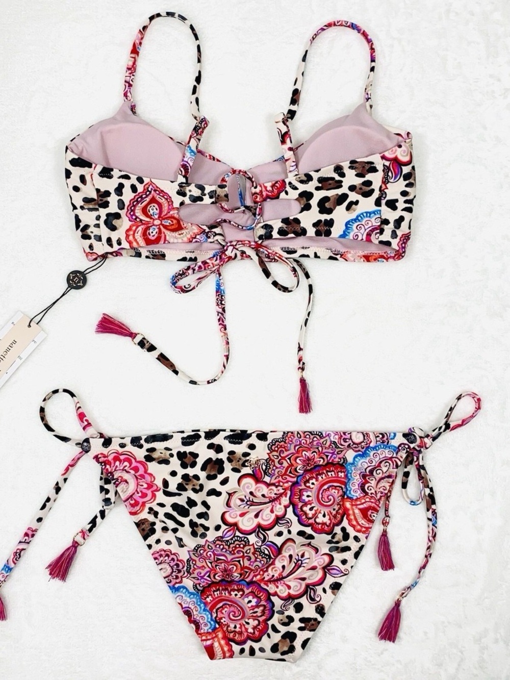 Nanette Lepore Pink Multi Paisley & Leopard Print Tie Bikini